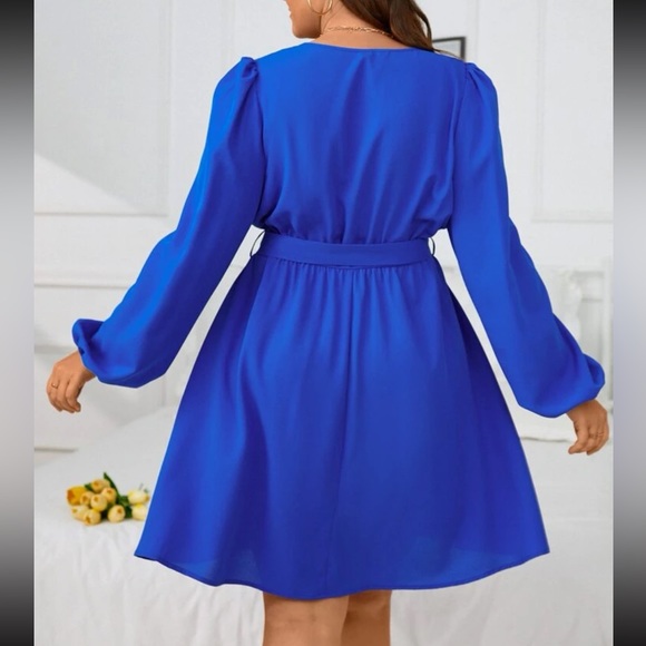 Plus size burgundy surplice neck lantern sleeve belted dress - Picture 13 of 15